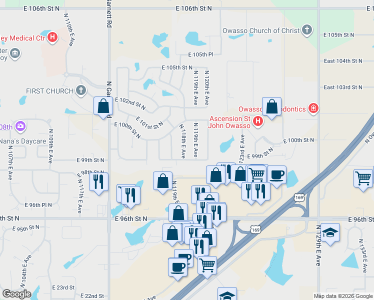 map of restaurants, bars, coffee shops, grocery stores, and more near 9914 North 119th East Avenue in Owasso