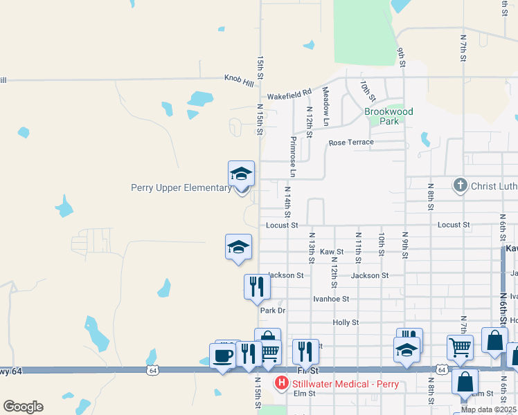 map of restaurants, bars, coffee shops, grocery stores, and more near 1303 North 15th Street in Perry