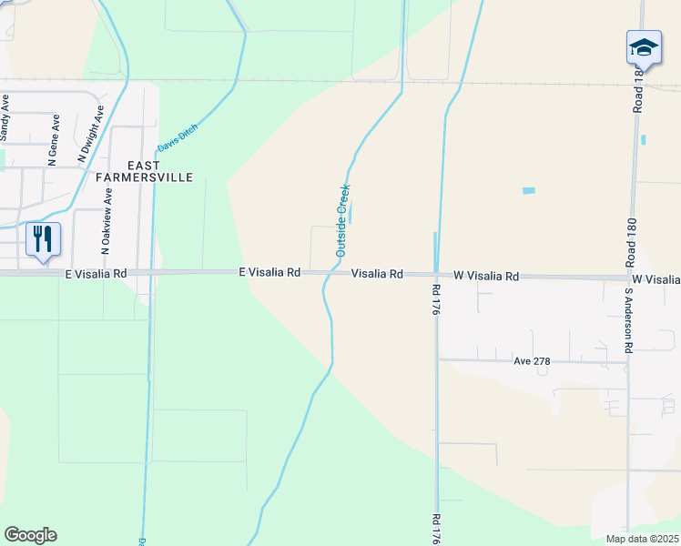 map of restaurants, bars, coffee shops, grocery stores, and more near 17200 Visalia Road in Farmersville