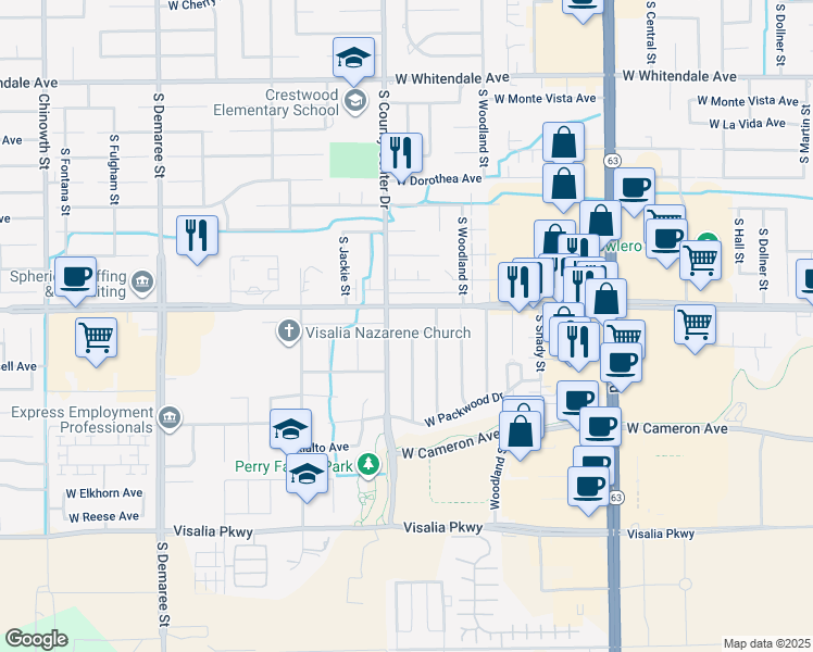 map of restaurants, bars, coffee shops, grocery stores, and more near 2820 West Caldwell Avenue in Visalia