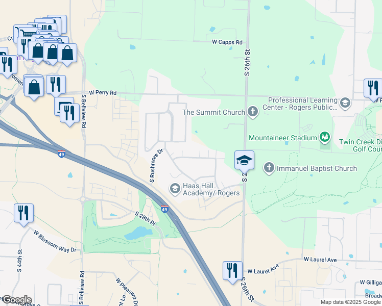 map of restaurants, bars, coffee shops, grocery stores, and more near 2761 West Kilimanjaro Way in Rogers