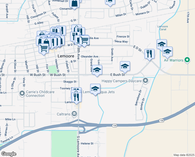 map of restaurants, bars, coffee shops, grocery stores, and more near 101 East Bush Street in Lemoore