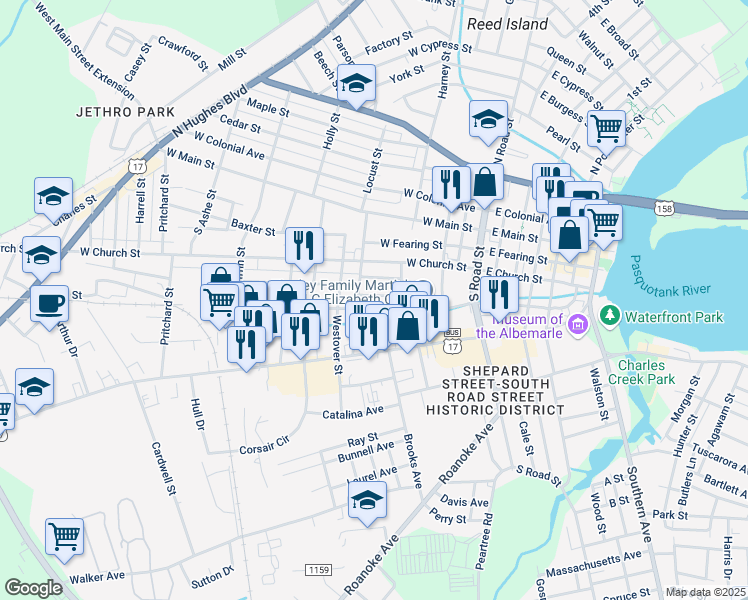 map of restaurants, bars, coffee shops, grocery stores, and more near 503 Lane Street in Elizabeth City