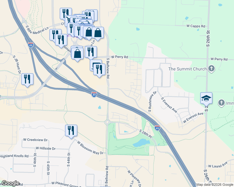 map of restaurants, bars, coffee shops, grocery stores, and more near 2809 West Ajax Avenue in Rogers