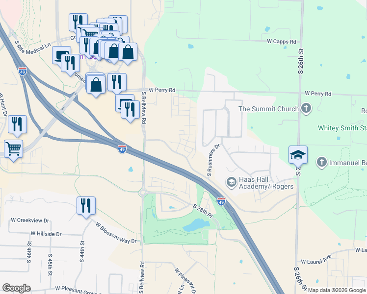 map of restaurants, bars, coffee shops, grocery stores, and more near 2809 West Ajax Avenue in Rogers