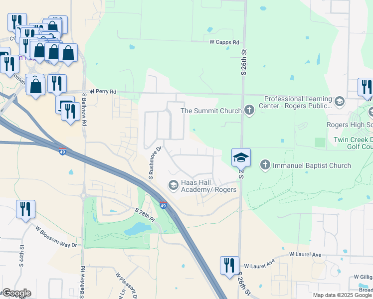 map of restaurants, bars, coffee shops, grocery stores, and more near 2761 West Kilimanjaro Way in Rogers