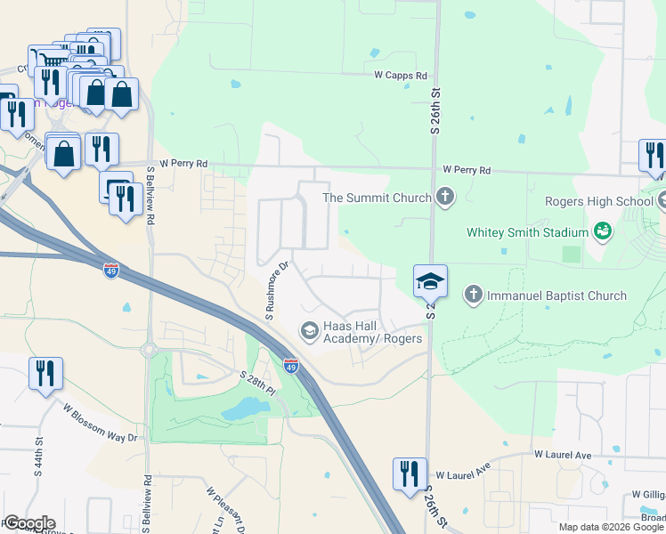 map of restaurants, bars, coffee shops, grocery stores, and more near 2761 West Kilimanjaro Way in Rogers