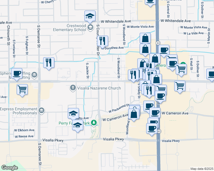 map of restaurants, bars, coffee shops, grocery stores, and more near 2820 West Caldwell Avenue in Visalia