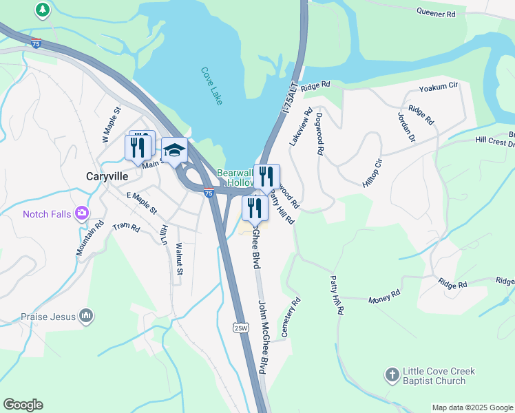 map of restaurants, bars, coffee shops, grocery stores, and more near 132 Patty Hill Road in Caryville