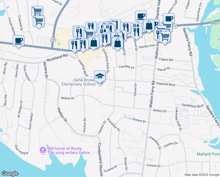 map of restaurants, bars, coffee shops, grocery stores, and more near 239 Stadium Drive in Hendersonville