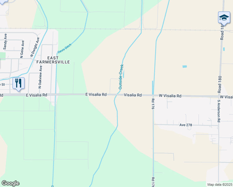 map of restaurants, bars, coffee shops, grocery stores, and more near 17200-17598 Visalia Road in Exeter