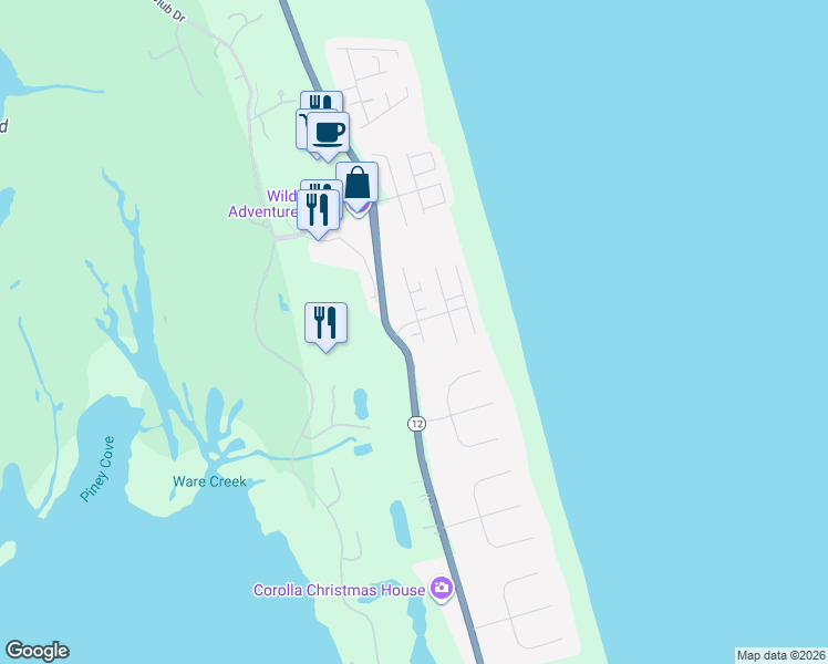 map of restaurants, bars, coffee shops, grocery stores, and more near 555 Trolling Lane in Corolla