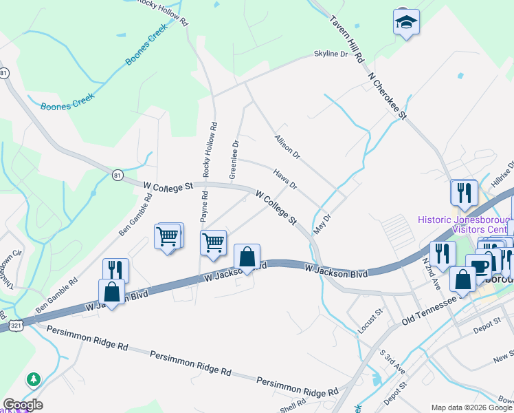 map of restaurants, bars, coffee shops, grocery stores, and more near 1006 Tennessee 81 Scenic in Jonesborough