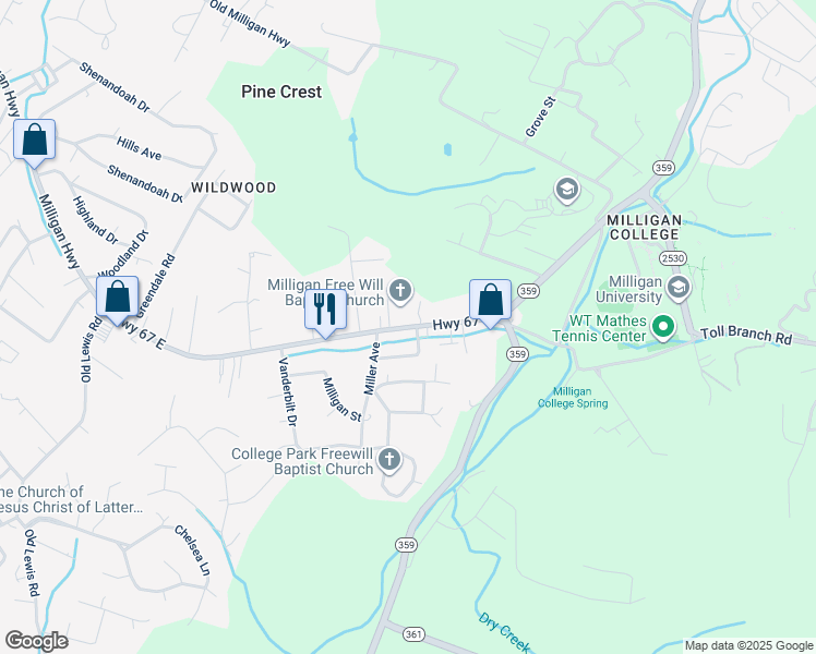 map of restaurants, bars, coffee shops, grocery stores, and more near 1531 Milligan Highway in Johnson City