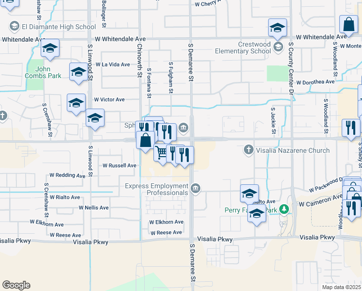 map of restaurants, bars, coffee shops, grocery stores, and more near 3745 West Caldwell Avenue in Visalia