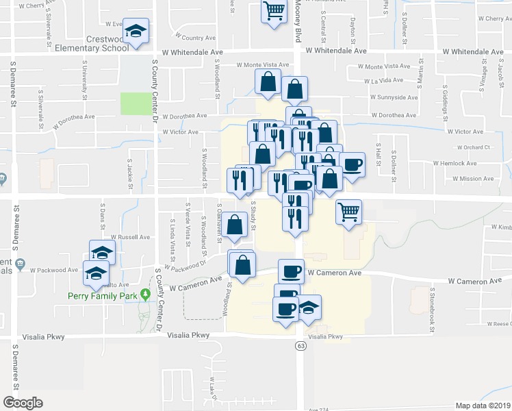 map of restaurants, bars, coffee shops, grocery stores, and more near 3632 South Shady Street in Visalia
