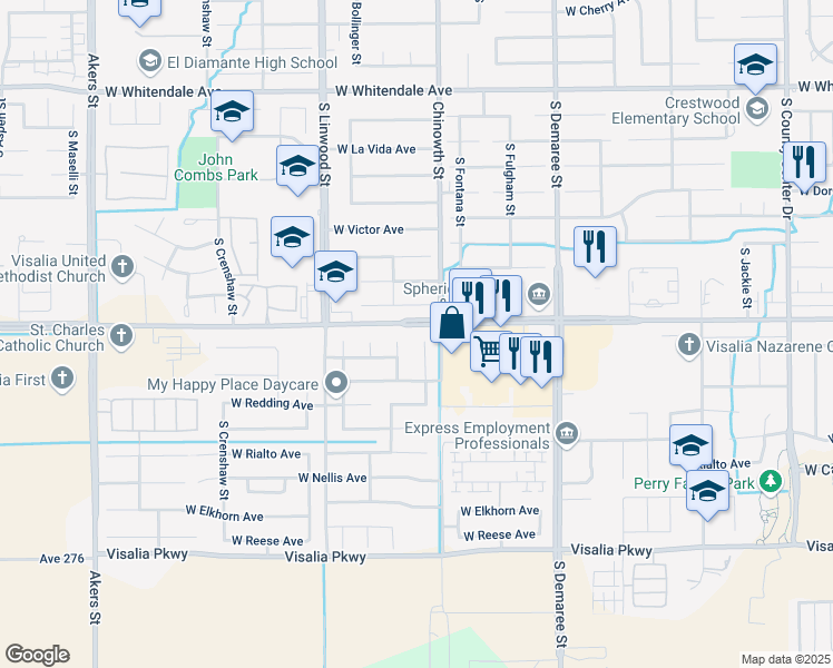 map of restaurants, bars, coffee shops, grocery stores, and more near 4139 West Mission Court in Visalia