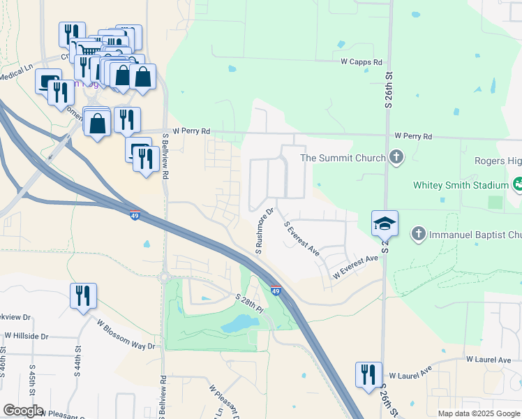 map of restaurants, bars, coffee shops, grocery stores, and more near 2421 West McKinley Boulevard in Rogers