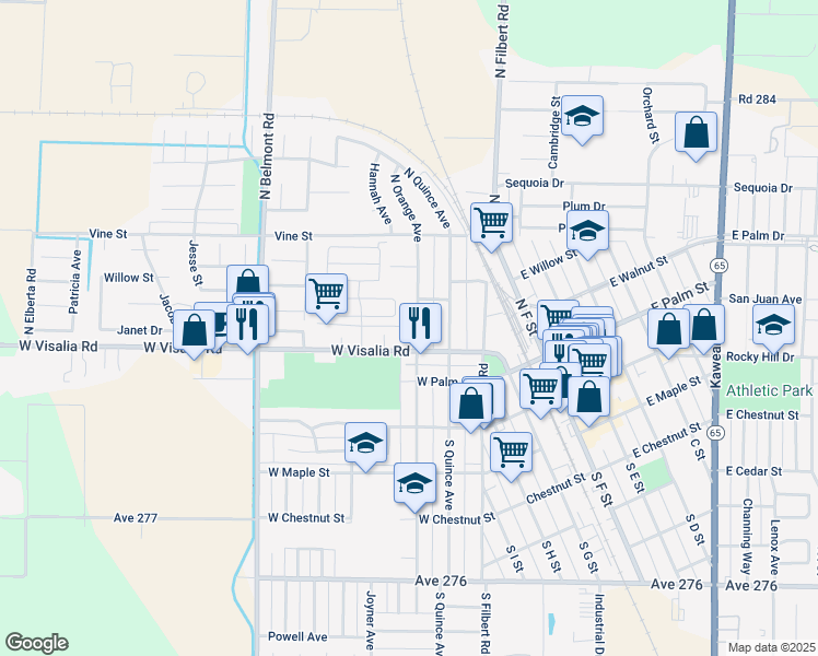 map of restaurants, bars, coffee shops, grocery stores, and more near 310 North Orange Avenue in Exeter