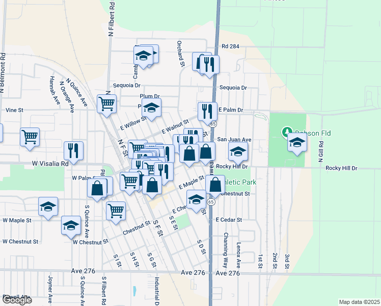 map of restaurants, bars, coffee shops, grocery stores, and more near 141 North B Street in Exeter