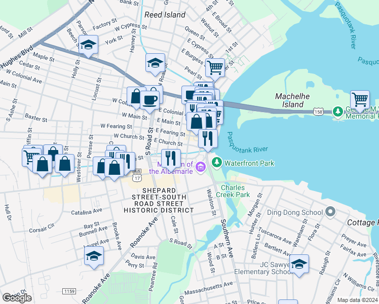 map of restaurants, bars, coffee shops, grocery stores, and more near 306 South McMorrine Street in Elizabeth City