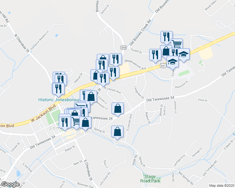 map of restaurants, bars, coffee shops, grocery stores, and more near 135 North Lincoln Avenue in Jonesborough