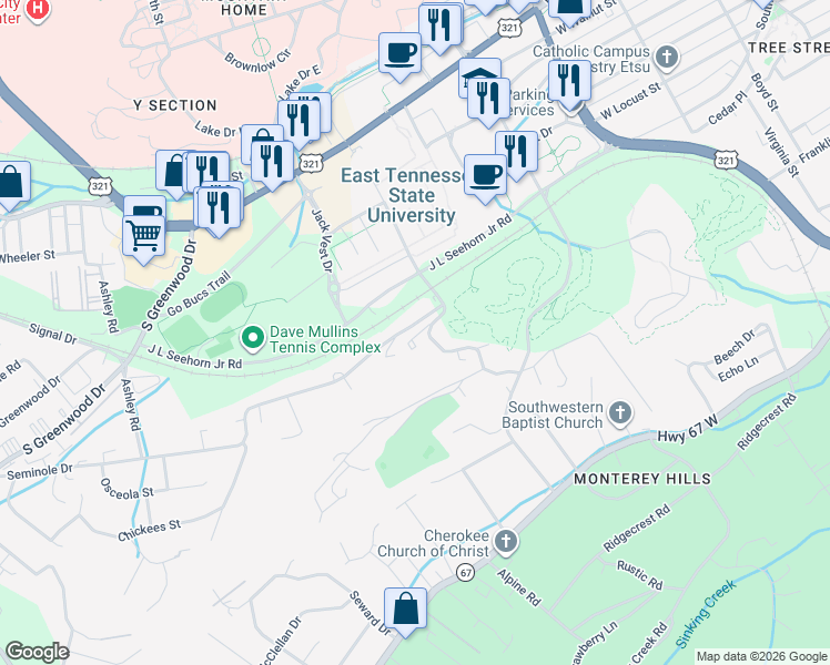 map of restaurants, bars, coffee shops, grocery stores, and more near 1425 College Heights Road in Johnson City