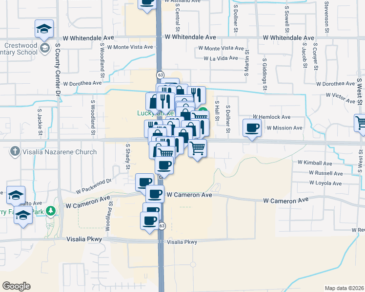 map of restaurants, bars, coffee shops, grocery stores, and more near 1800-2098 W Caldwell Ave in Visalia