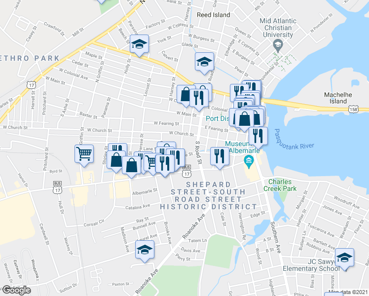 map of restaurants, bars, coffee shops, grocery stores, and more near 312 South Dyer Street in Elizabeth City