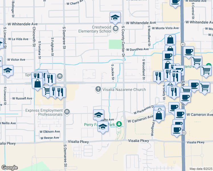 map of restaurants, bars, coffee shops, grocery stores, and more near 3101 West Caldwell Avenue in Visalia