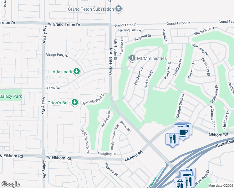 map of restaurants, bars, coffee shops, grocery stores, and more near 7580 Lily Troter Street in North Las Vegas