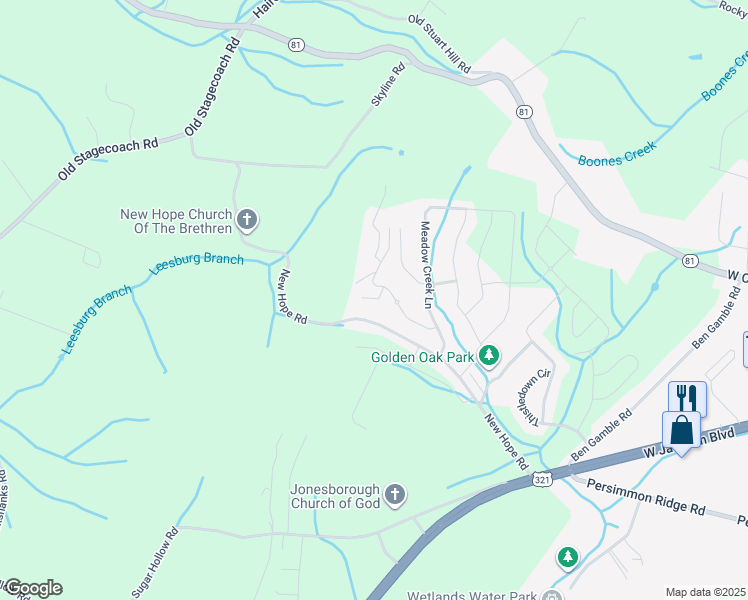 map of restaurants, bars, coffee shops, grocery stores, and more near 155 Mountain Creek Court in Jonesborough