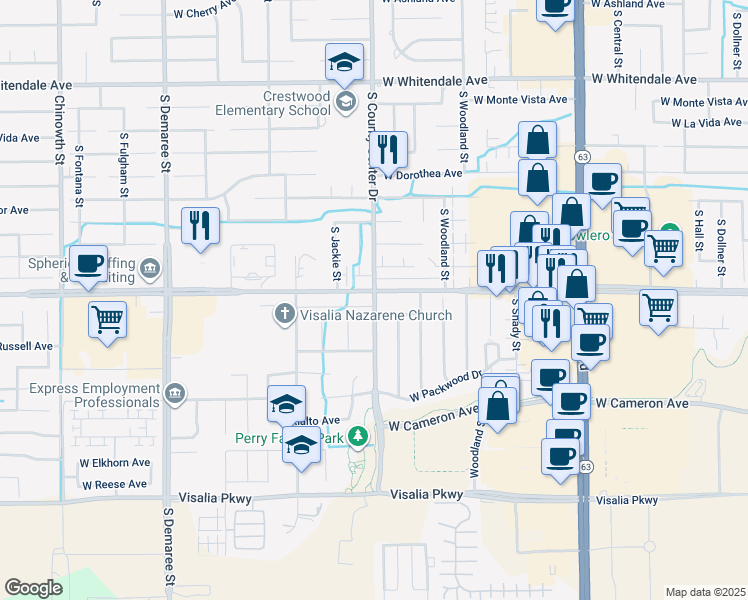 map of restaurants, bars, coffee shops, grocery stores, and more near 2820 West Caldwell Avenue in Visalia