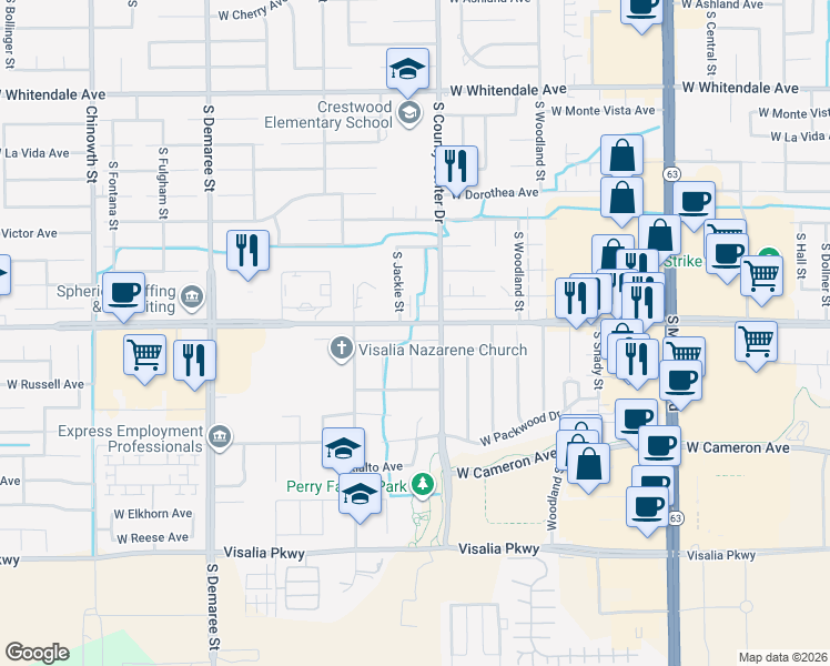 map of restaurants, bars, coffee shops, grocery stores, and more near in Visalia