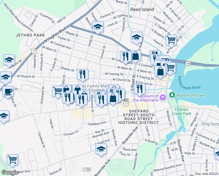 map of restaurants, bars, coffee shops, grocery stores, and more near 310 Culpepper Street in Elizabeth City