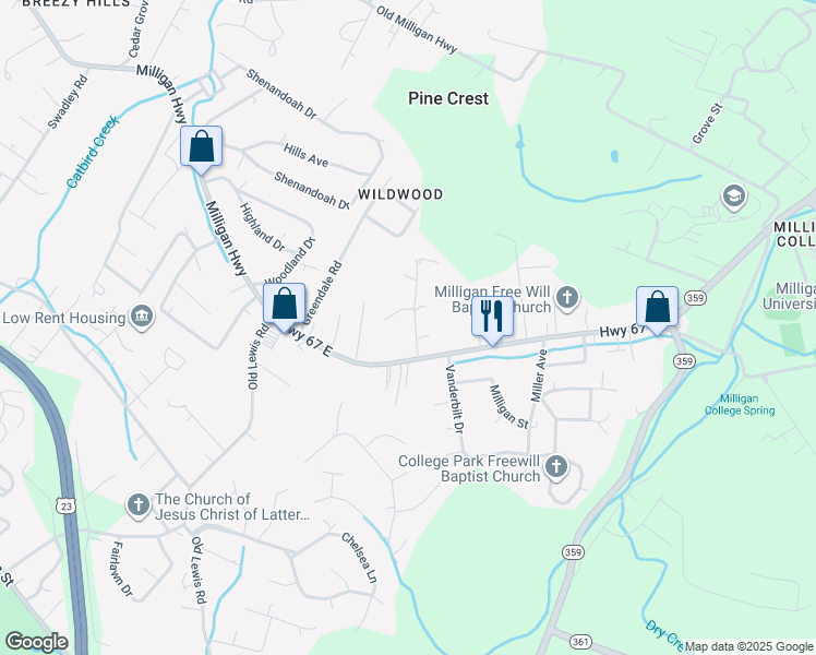 map of restaurants, bars, coffee shops, grocery stores, and more near 124 Grandview Road in Johnson City