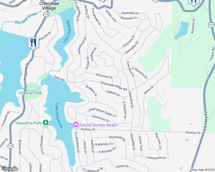 map of restaurants, bars, coffee shops, grocery stores, and more near 34 Sequoyah Ridge Road in Cherokee Village