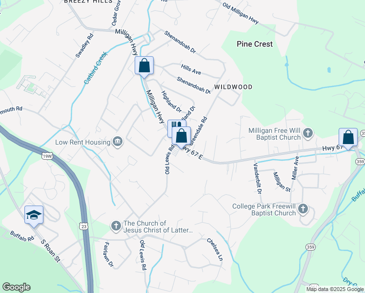 map of restaurants, bars, coffee shops, grocery stores, and more near 1500 Milligan Highway in Johnson City