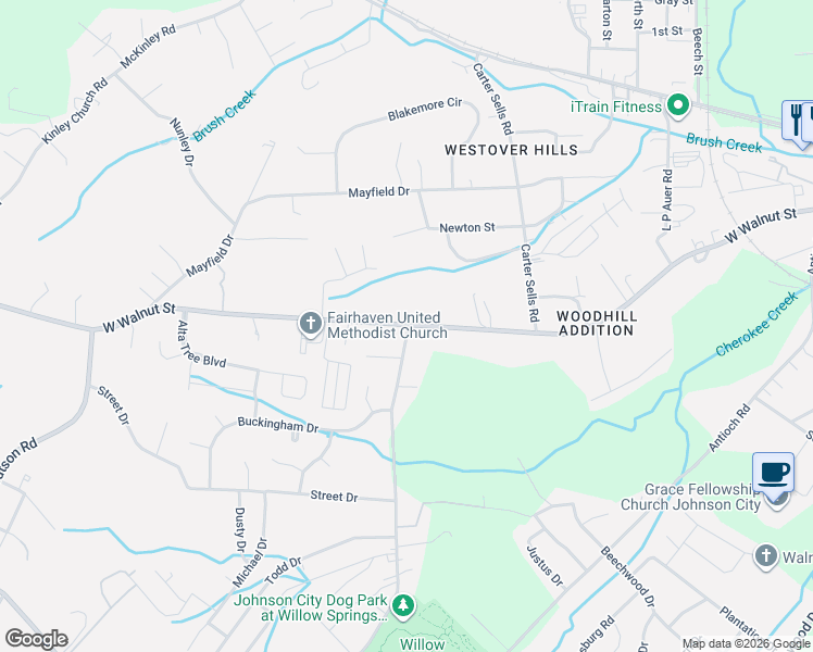 map of restaurants, bars, coffee shops, grocery stores, and more near W Walnut St & Huffine Rd in Johnson City