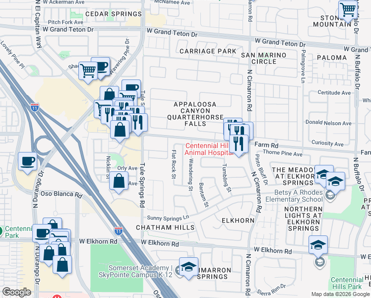 map of restaurants, bars, coffee shops, grocery stores, and more near 7536 Fencerow Street in Las Vegas