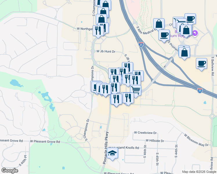 map of restaurants, bars, coffee shops, grocery stores, and more near 5100 West Park Avenue in Rogers