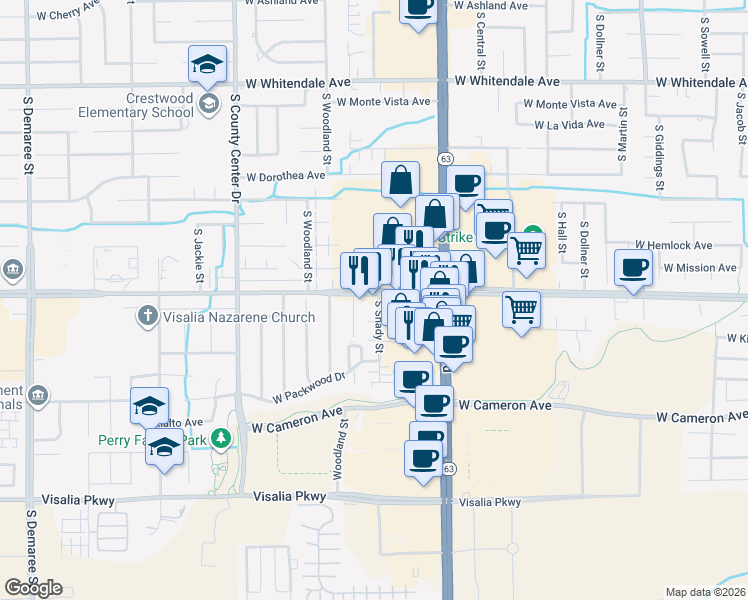 map of restaurants, bars, coffee shops, grocery stores, and more near 2398 West Caldwell Avenue in Visalia