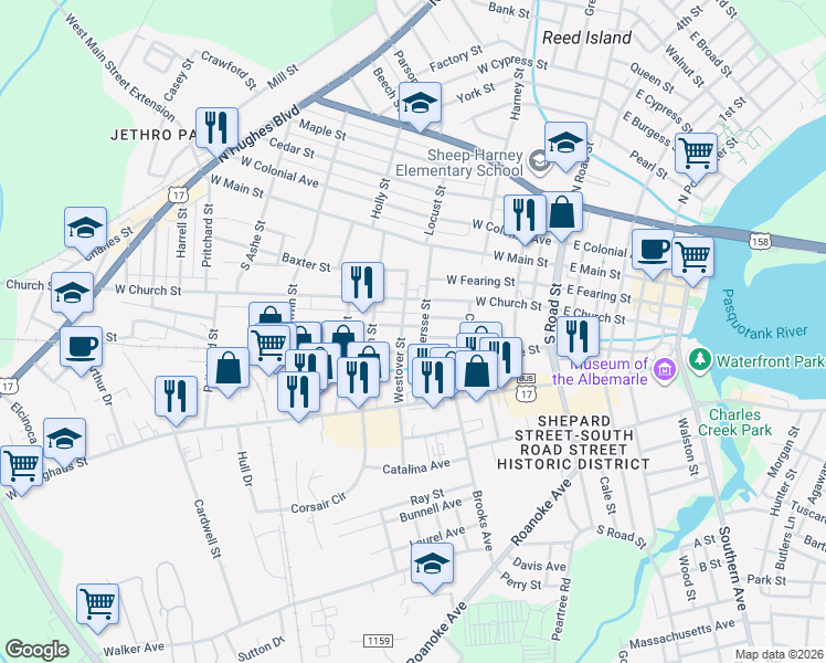 map of restaurants, bars, coffee shops, grocery stores, and more near in Pasquotank County