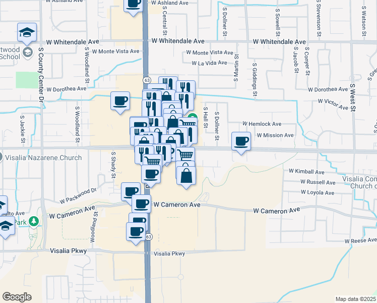 map of restaurants, bars, coffee shops, grocery stores, and more near 1702-1740 W Caldwell Ave in Visalia