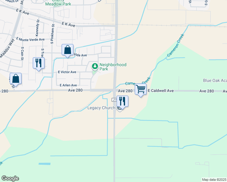 map of restaurants, bars, coffee shops, grocery stores, and more near 1970 Avenue 280 in Visalia
