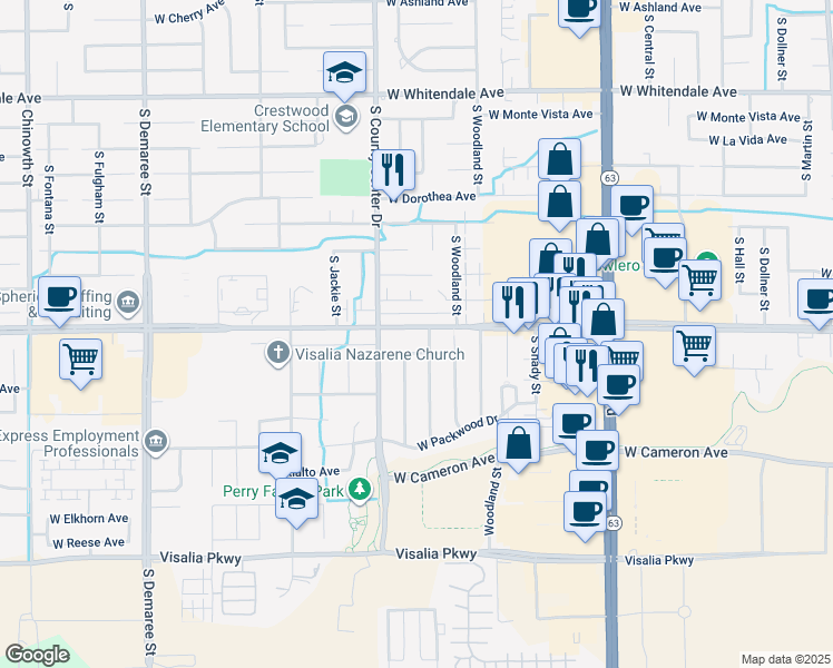 map of restaurants, bars, coffee shops, grocery stores, and more near 2716 West Caldwell Avenue in Visalia