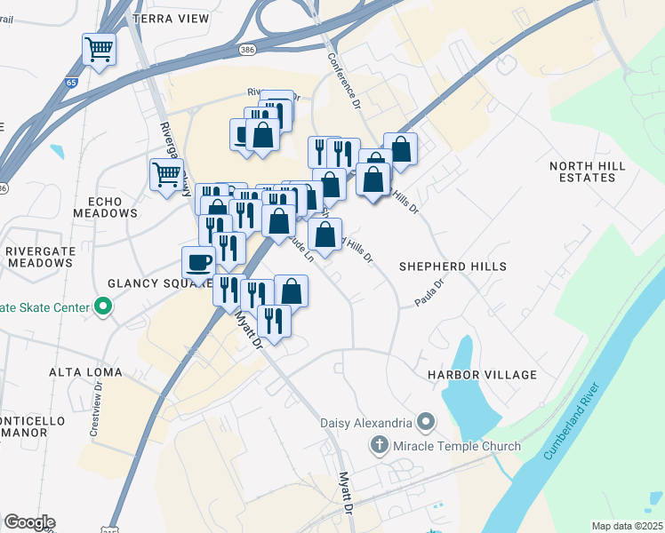map of restaurants, bars, coffee shops, grocery stores, and more near 109 Cude Lane in Nashville