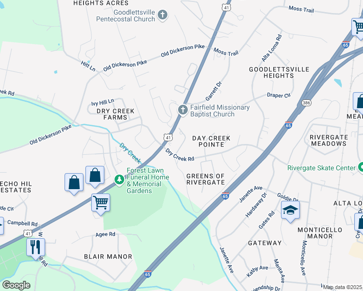 map of restaurants, bars, coffee shops, grocery stores, and more near 112 Safe Harbor Drive in Goodlettsville