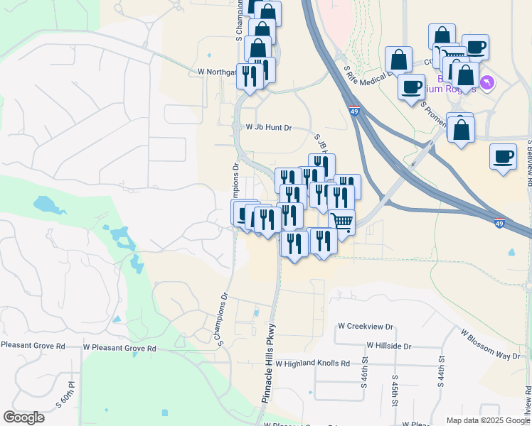 map of restaurants, bars, coffee shops, grocery stores, and more near 4100 South Grand Avenue in Rogers