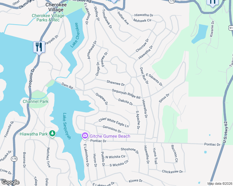 map of restaurants, bars, coffee shops, grocery stores, and more near 34 Sequoyah Ridge Road in Cherokee Village